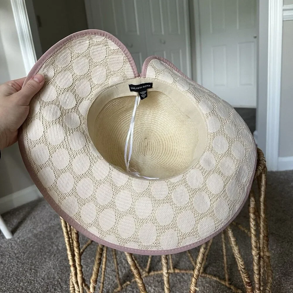 Saks Fifth Avenue Cream Beige Wide Brim Sun Beach Hat Boho Dusty Pink Packable
